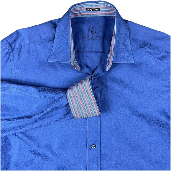 Bugatchi Uomo Button Down Shirt Mens XL Blue Paisley Luxury Office Datenight - Picture 3 of 12
